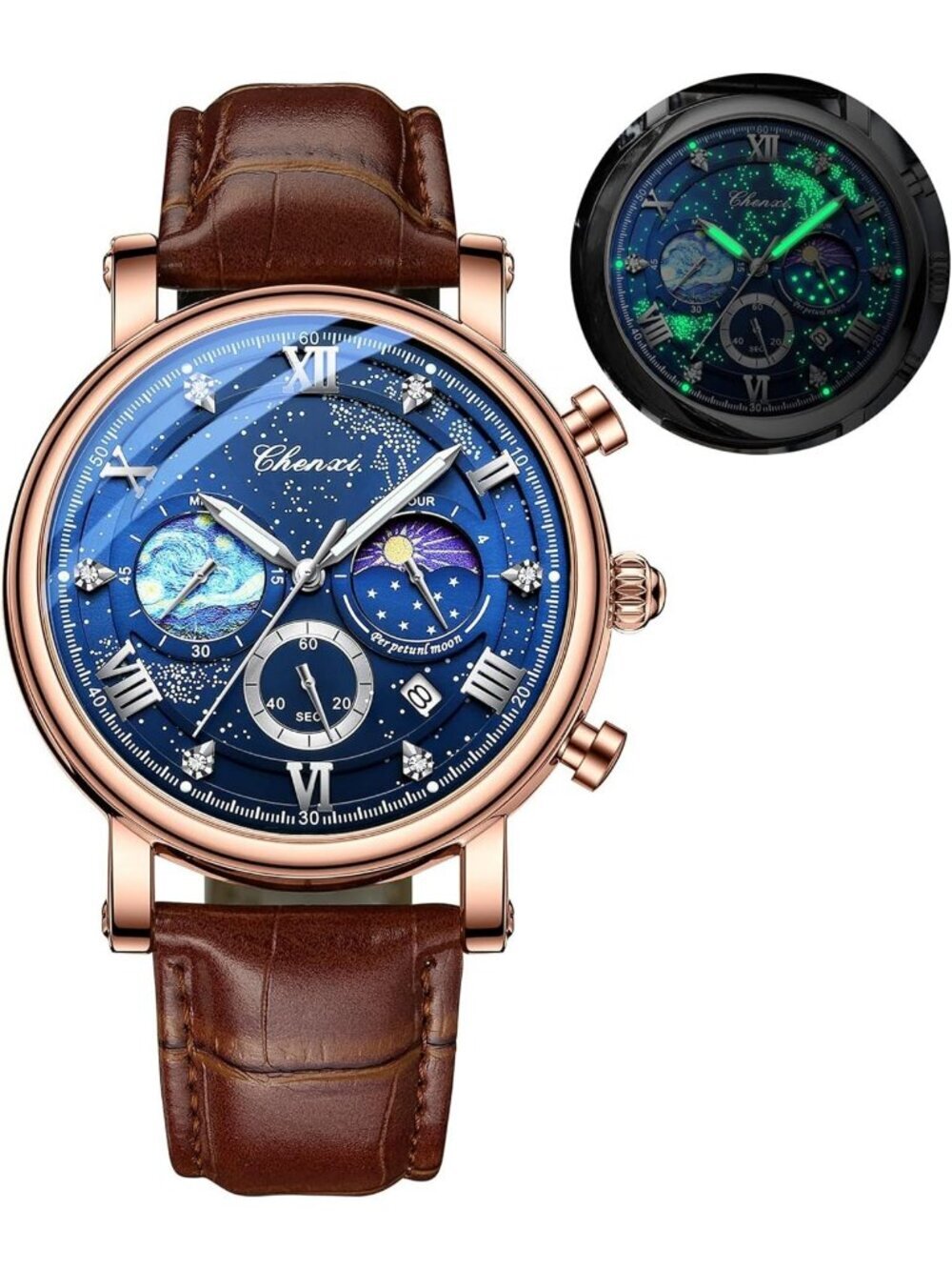 Men's Brown Multifunctional Military Leather Sports Analog Chronograph Watch